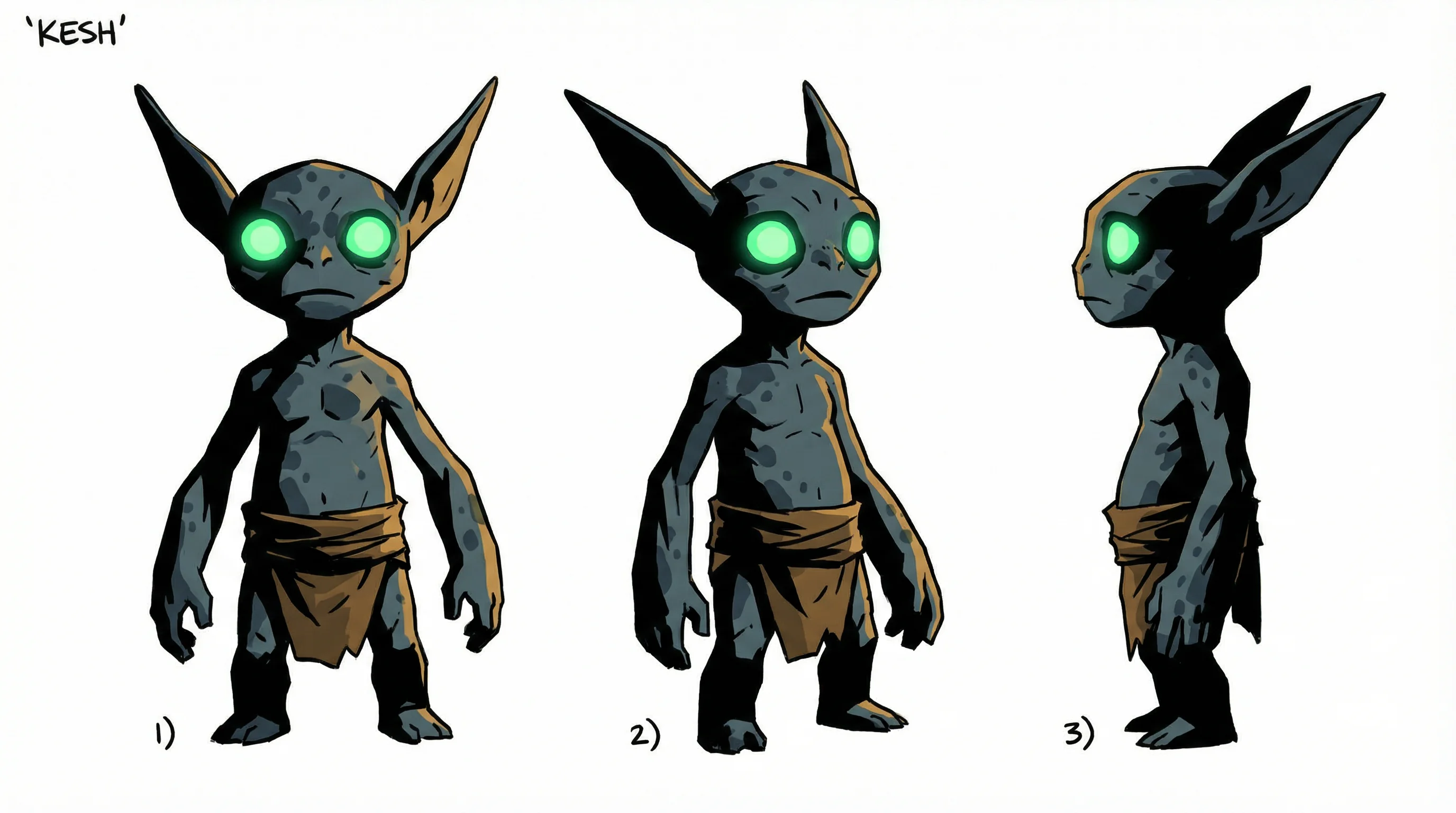 AI-assisted character sheet exploring Kesh's proportions, stone skin and clothing.