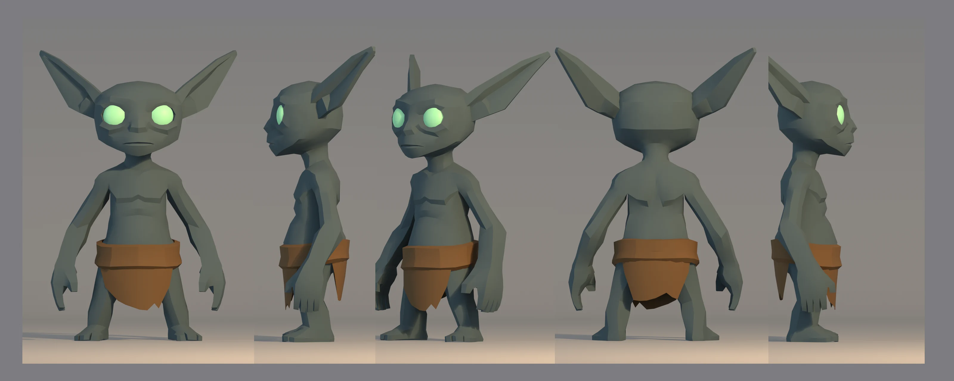 Early low-poly model of Kesh in Blender with dark stone skin and bright green eyes.