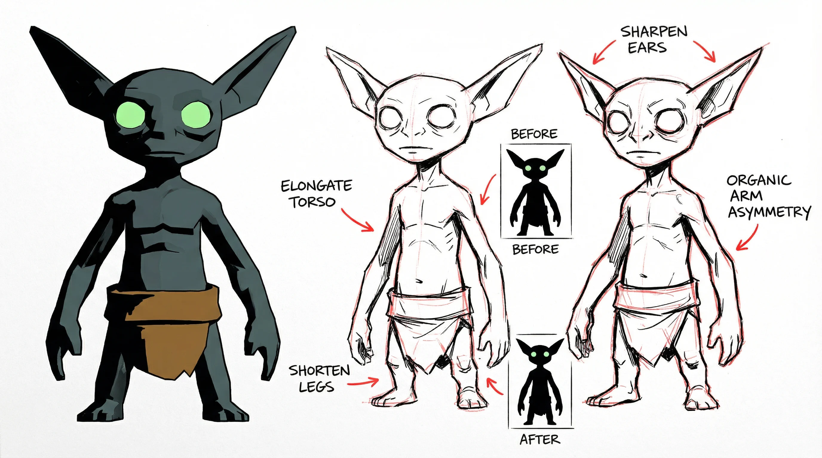 Painted retake notes over the early Kesh model, pointing out proportion and silhouette changes.